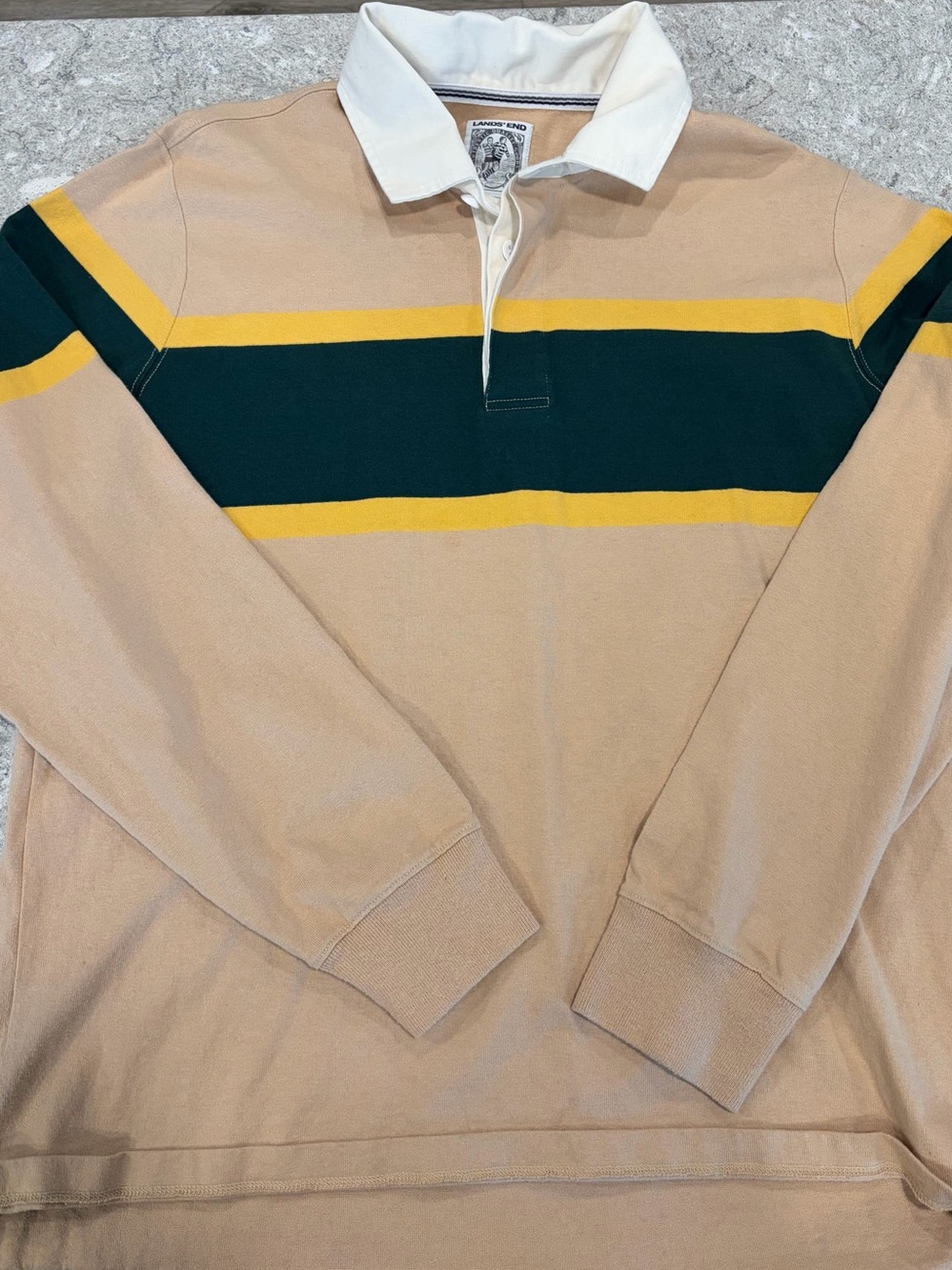 Lands End Vintage Men's Tan Rugby Stripe Sweater with Green & Yellow Bands-Large